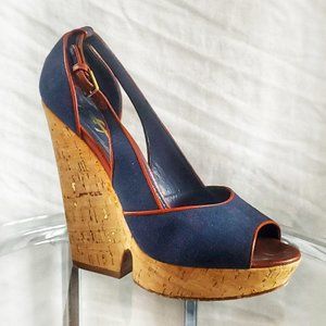 YSL Yves Saint Laurent Navy Cork Wedges Size 10.5
